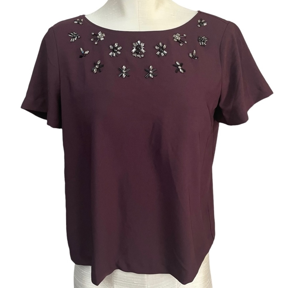 Ann Taylor Jeweled Embellished Collar Purple Plum Office Blouse Small Petite